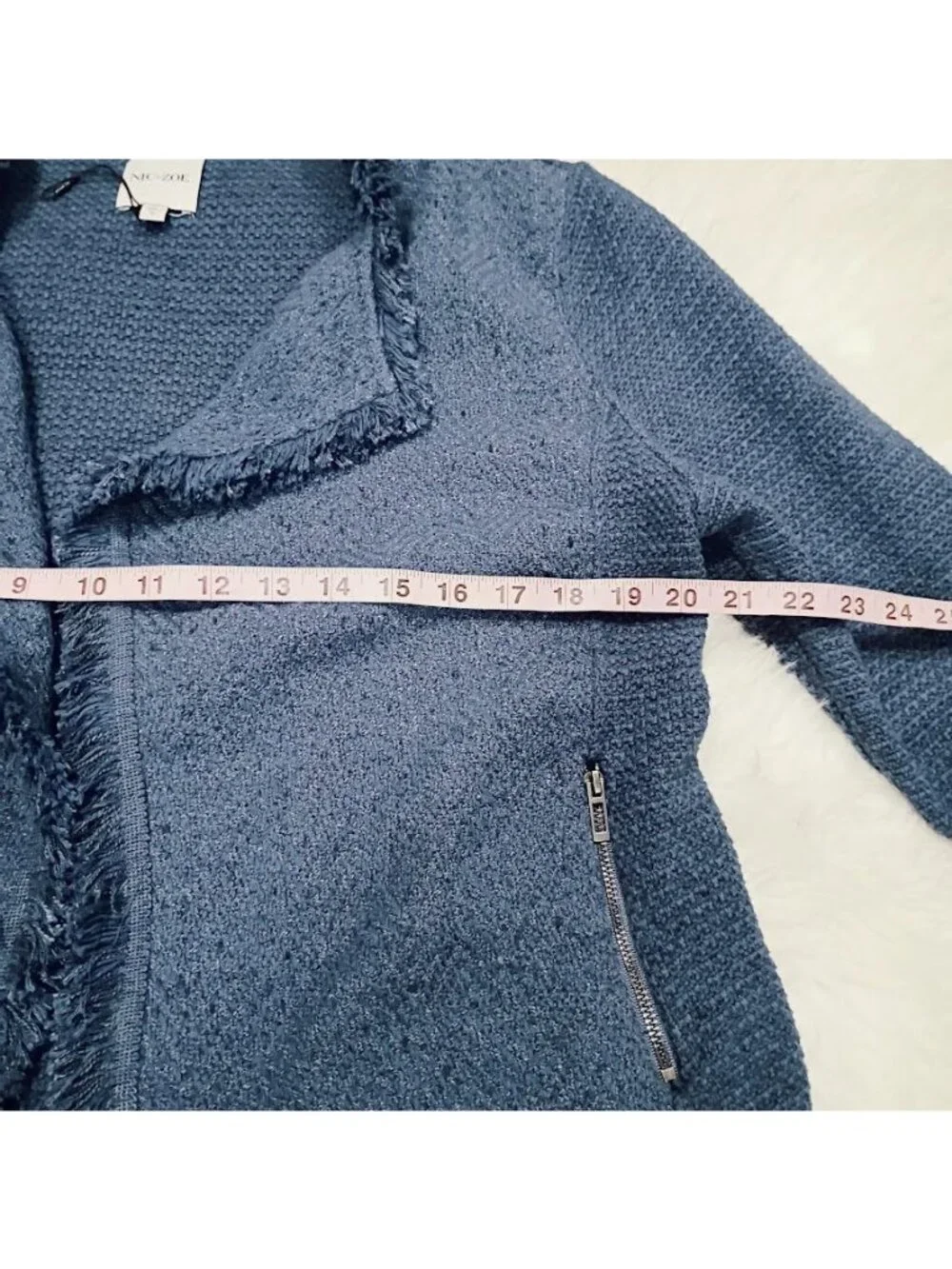 Nic + Zoe Fringe Knit Jacket L Blue Open Front Fringe Boho Cardigan - Picture 6 of 12